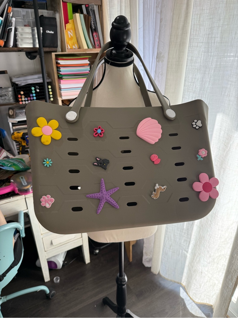 Women's Olive Green Decorative Tote Bag with Charms